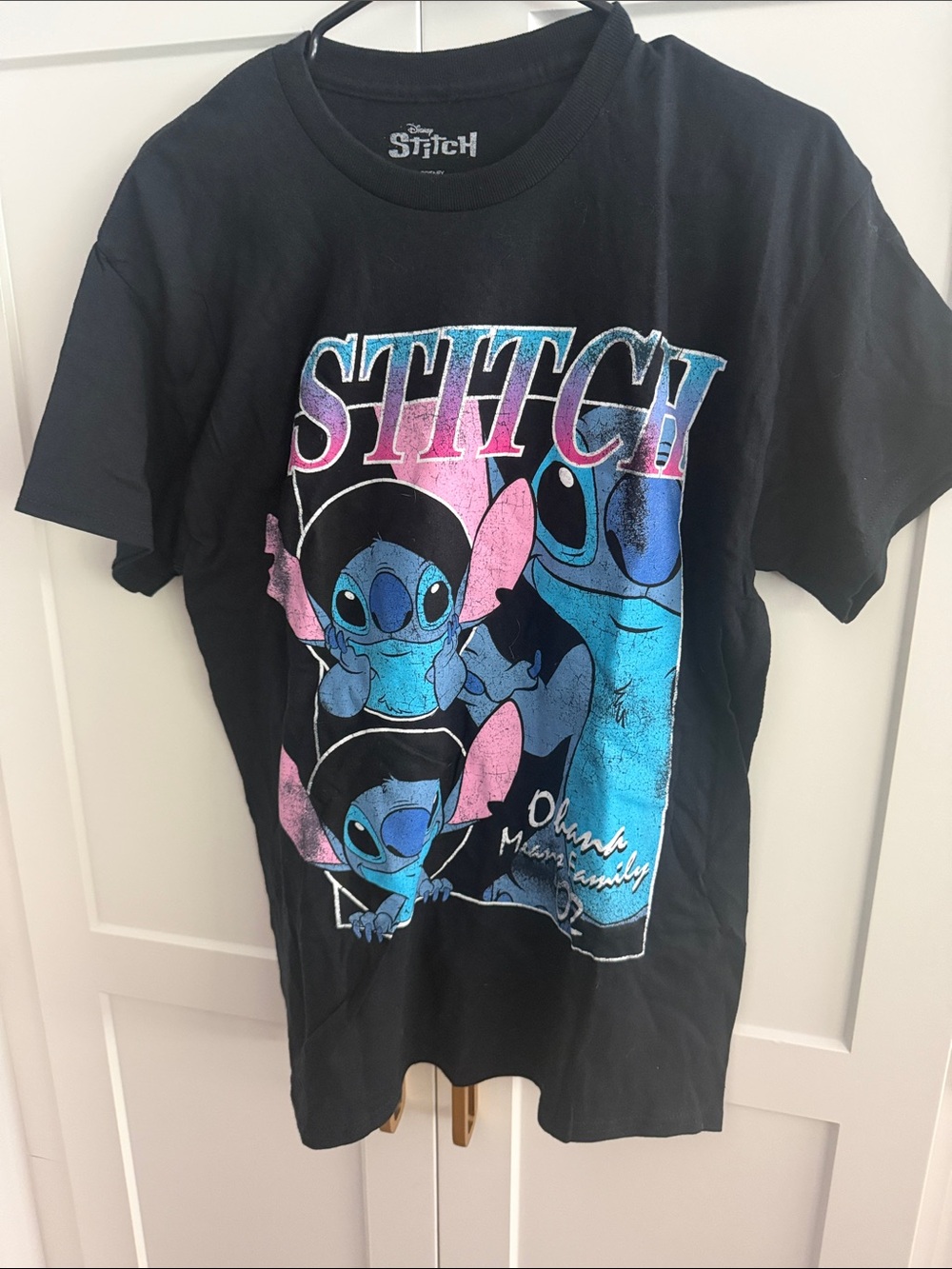 Disney Black Tee with Blue & Pink Stitch Graphic Size Medium